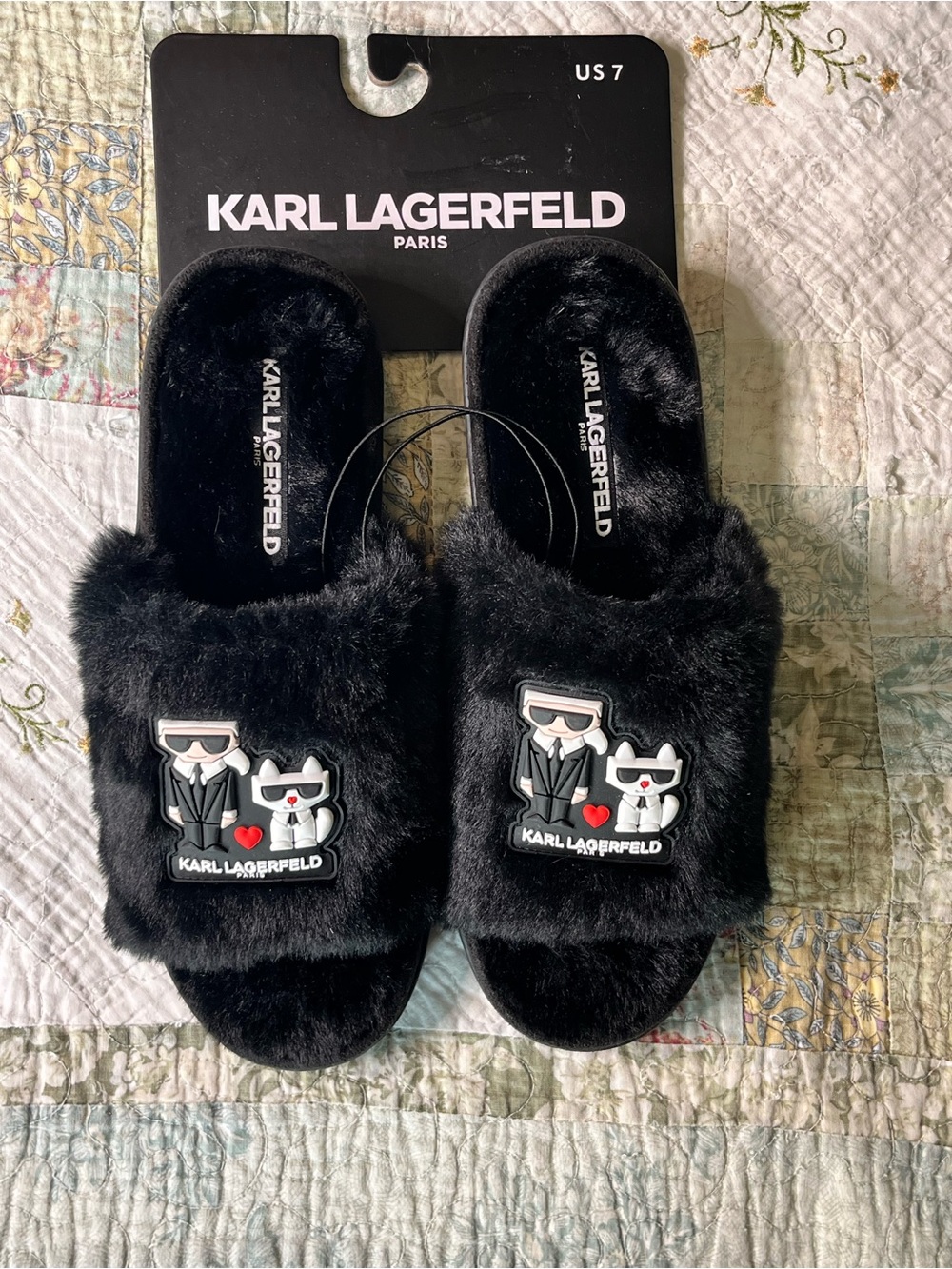 Karl Lagerfeld Black Furry Slides-Size 7